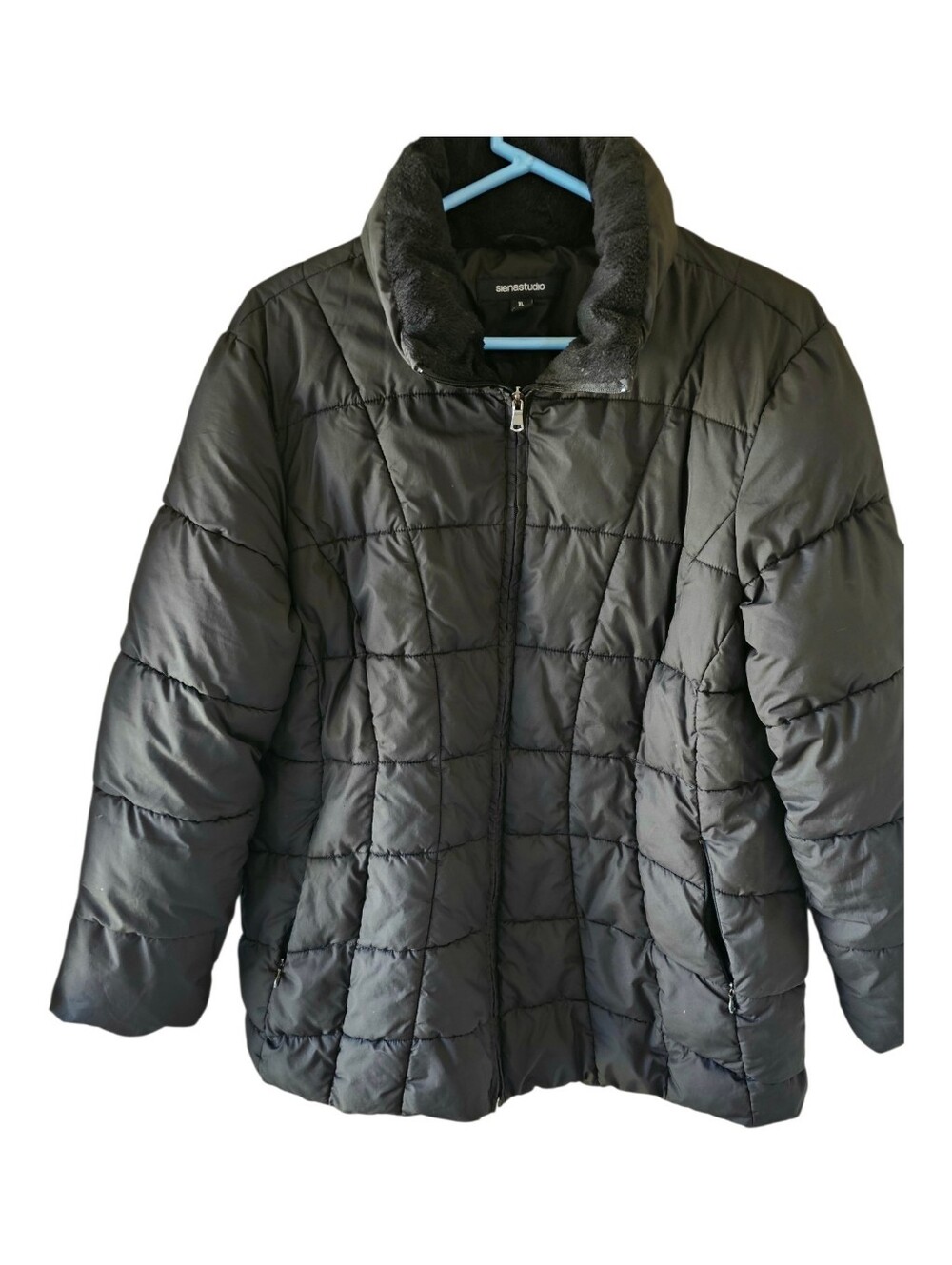 Siena Studio Black Quilted Puffer Jacket Coat Soft Fleece Collar XL NWOT
